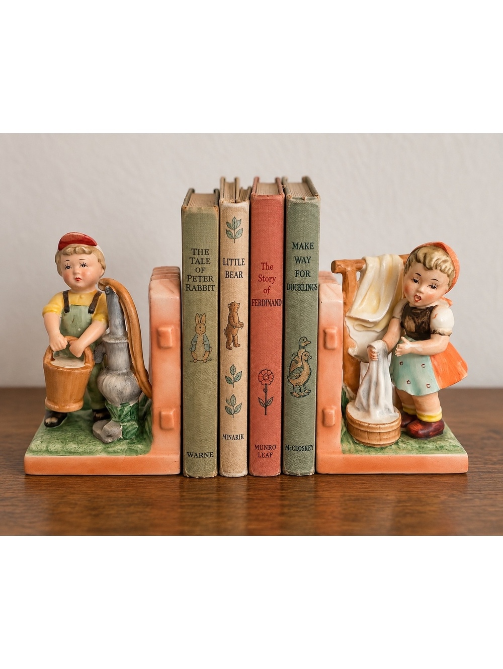 Boy Girl Ceramic Bookends MCM Laundry & Water Pump 1950s 1960s Nursery Decor